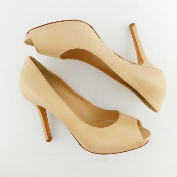 COLISEE DE SACHA Nude Beige Leather Peep Toe Heel Pumps 37 - Picture 4 of 9